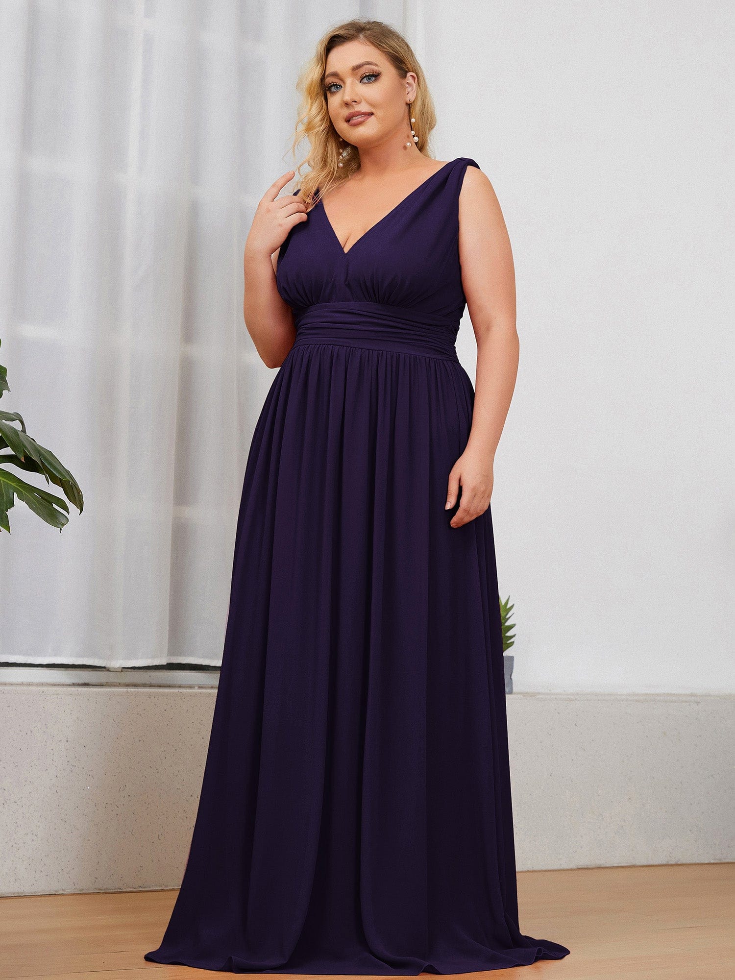 Custom Size Chiffon Sleeveless V-Neck Maxi Bridesmaid Dress #color_Dark Purple