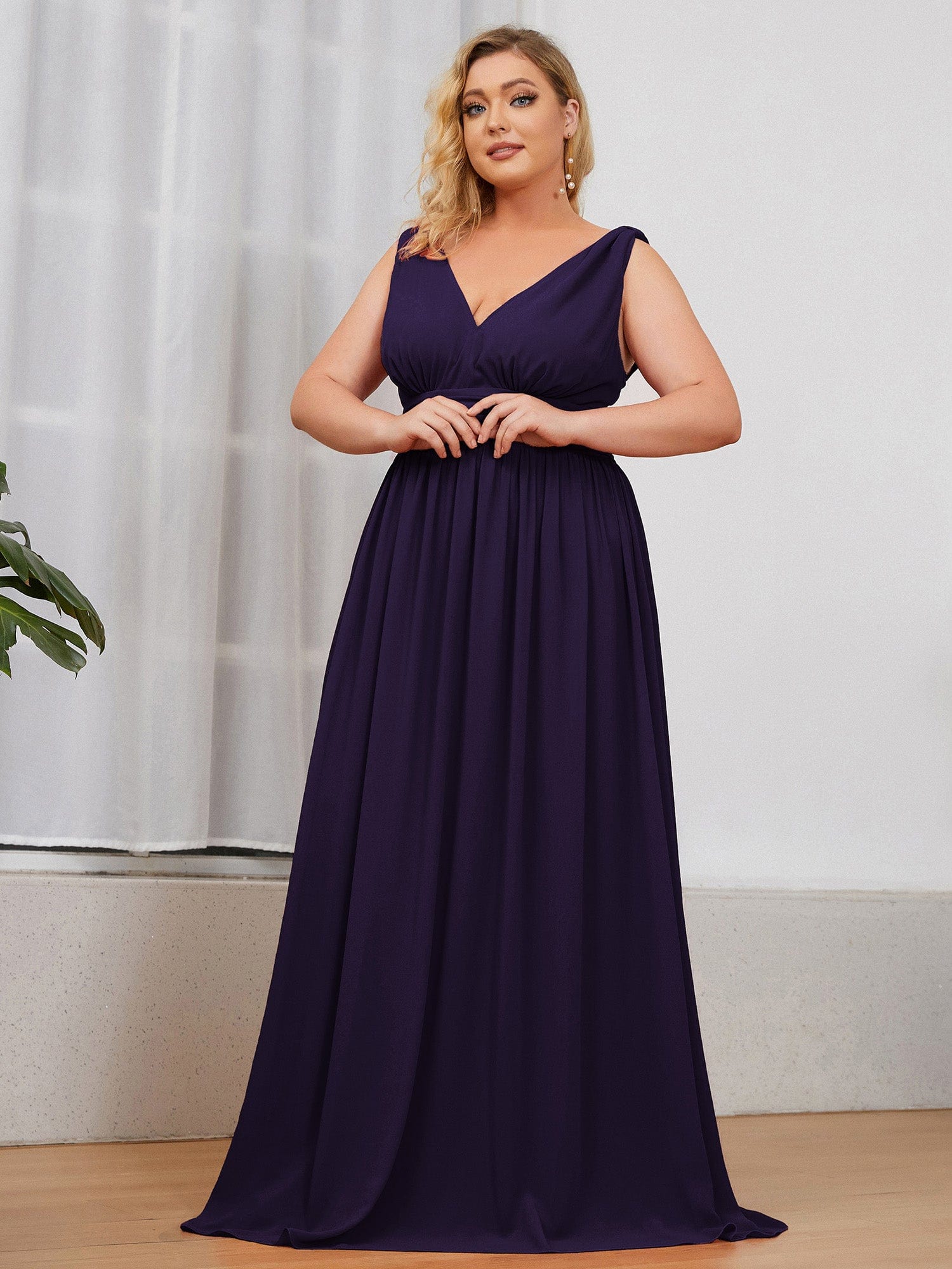 Custom Size Chiffon Sleeveless V-Neck Maxi Bridesmaid Dress #color_Dark Purple