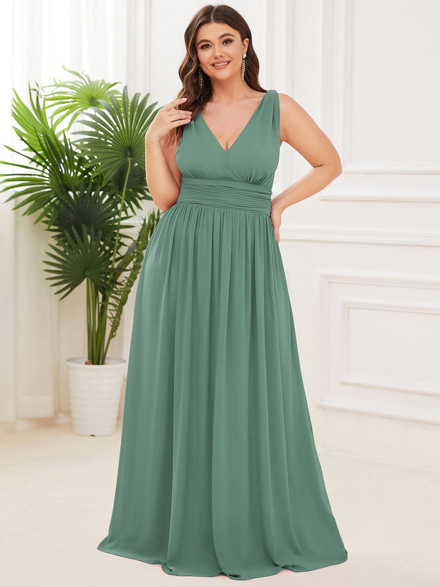 Custom Size Chiffon Sleeveless V-Neck Maxi Bridesmaid Dress #color_Green Bean