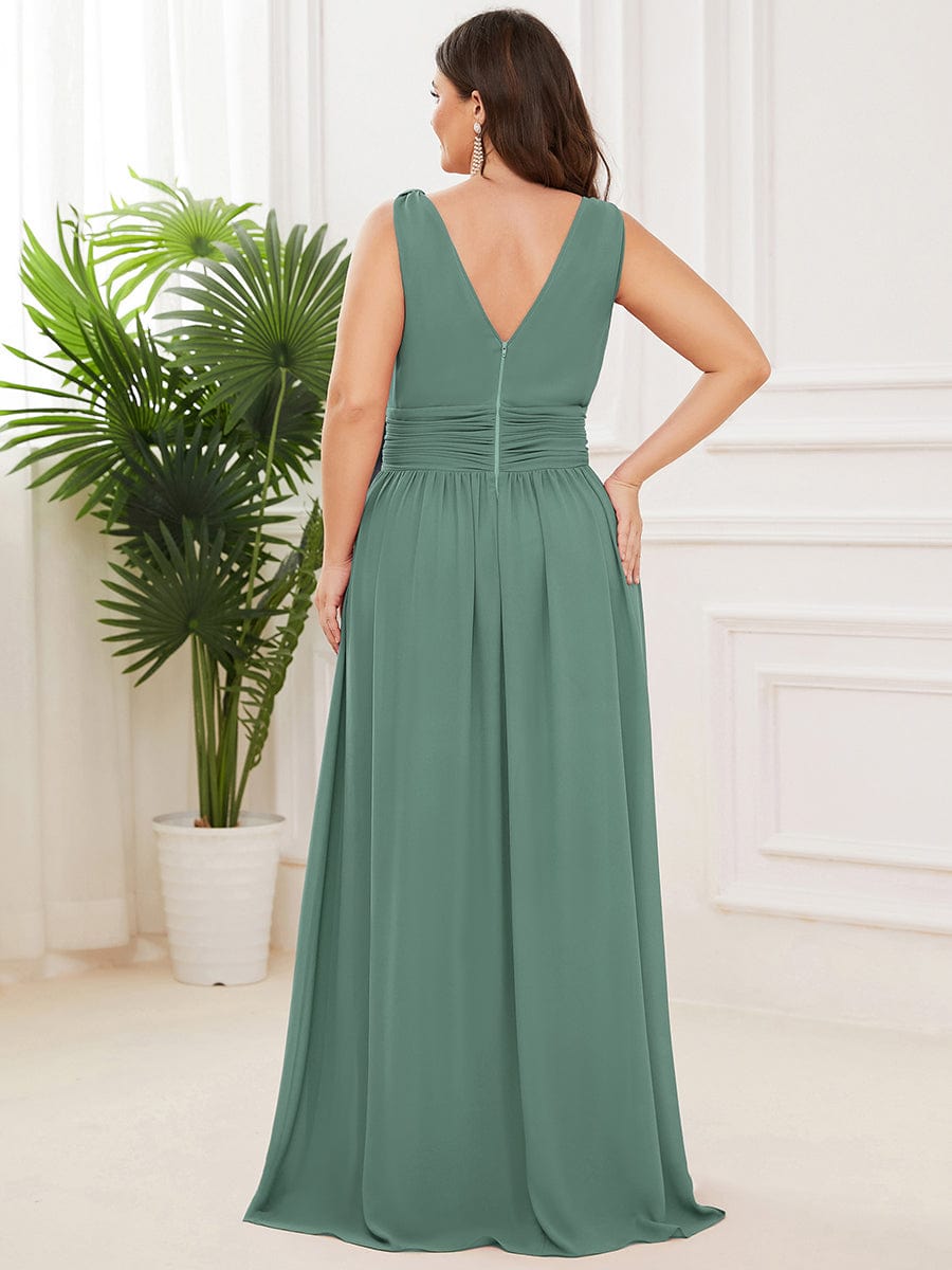 Custom Size Chiffon Sleeveless V-Neck Maxi Bridesmaid Dress #color_Green Bean