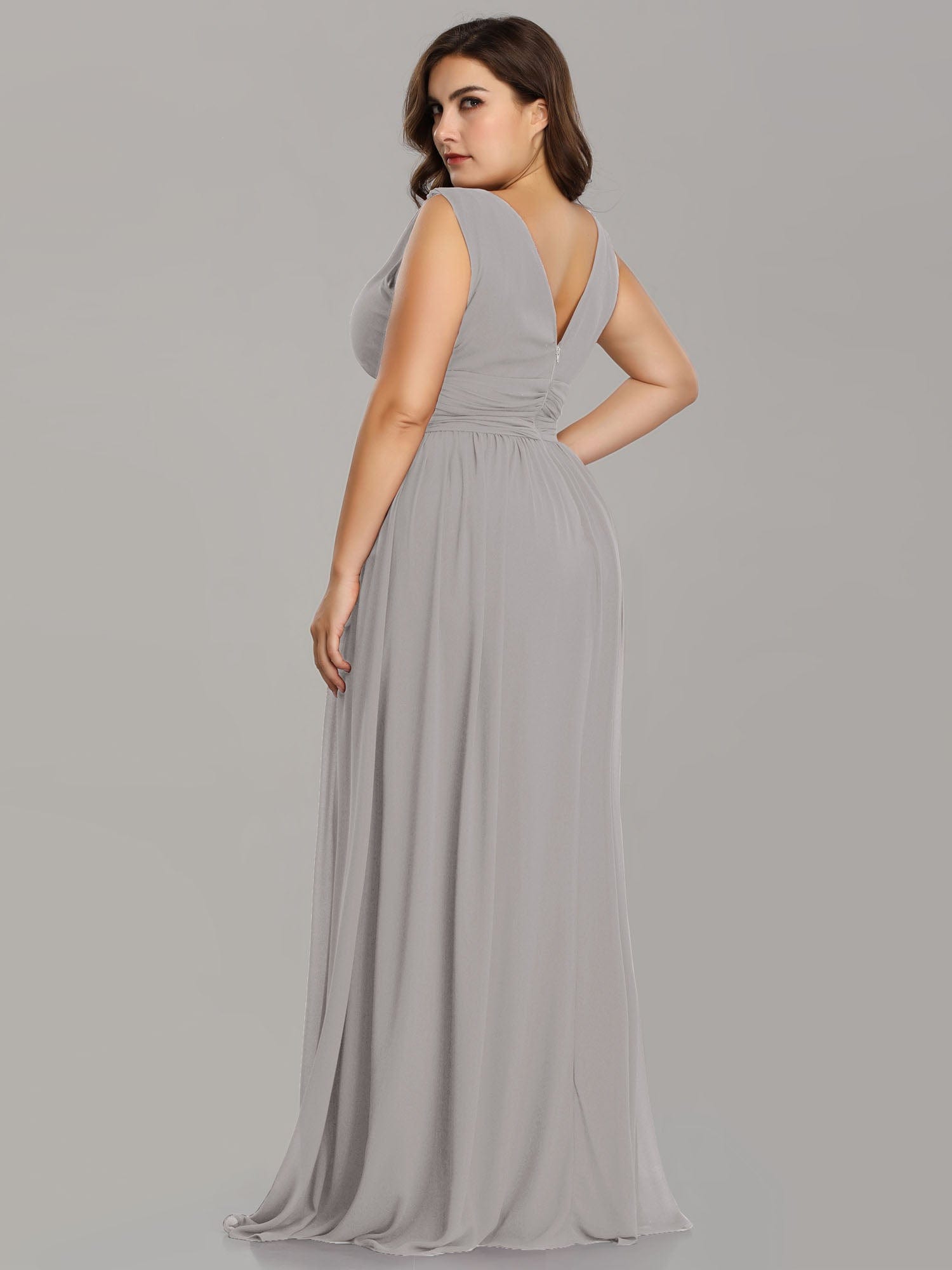 Custom Size Chiffon Sleeveless V-Neck Maxi Bridesmaid Dress #color_Grey