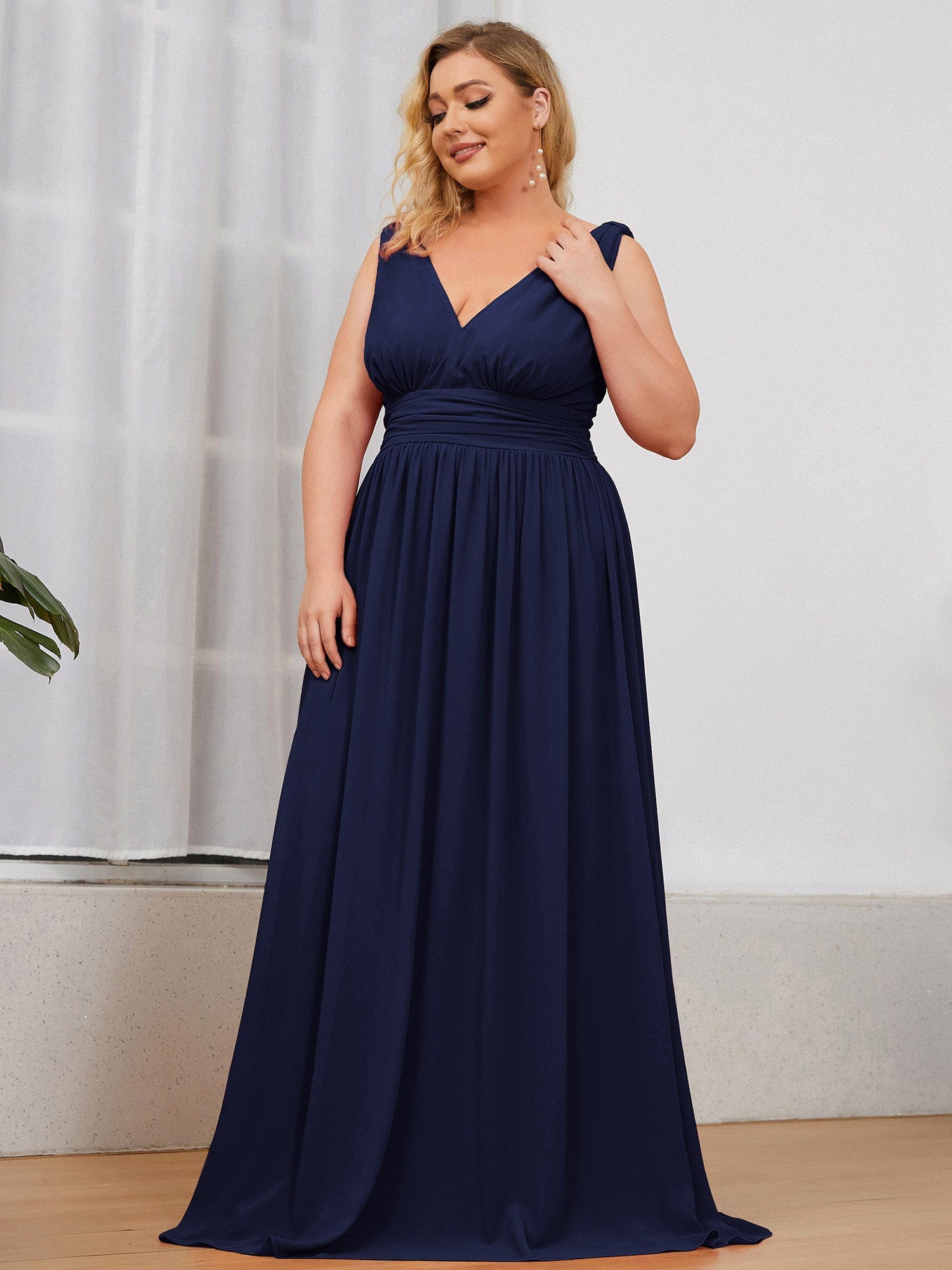 Plus Size Sleeveless V-Neck Semi-Formal Chiffon Bridesmaid Dress #color_Navy Blue