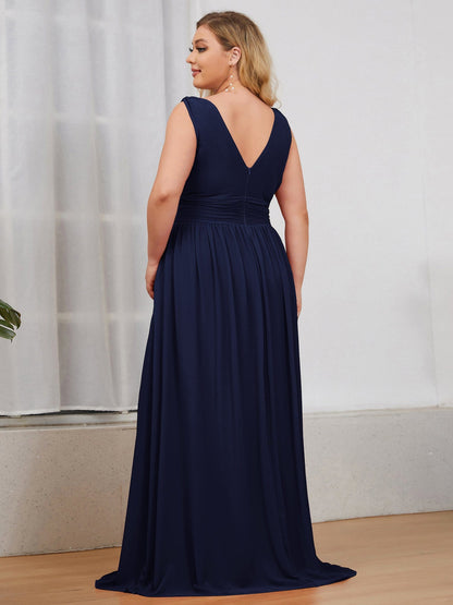 Custom Size Chiffon Sleeveless V-Neck Maxi Bridesmaid Dress #color_Navy Blue