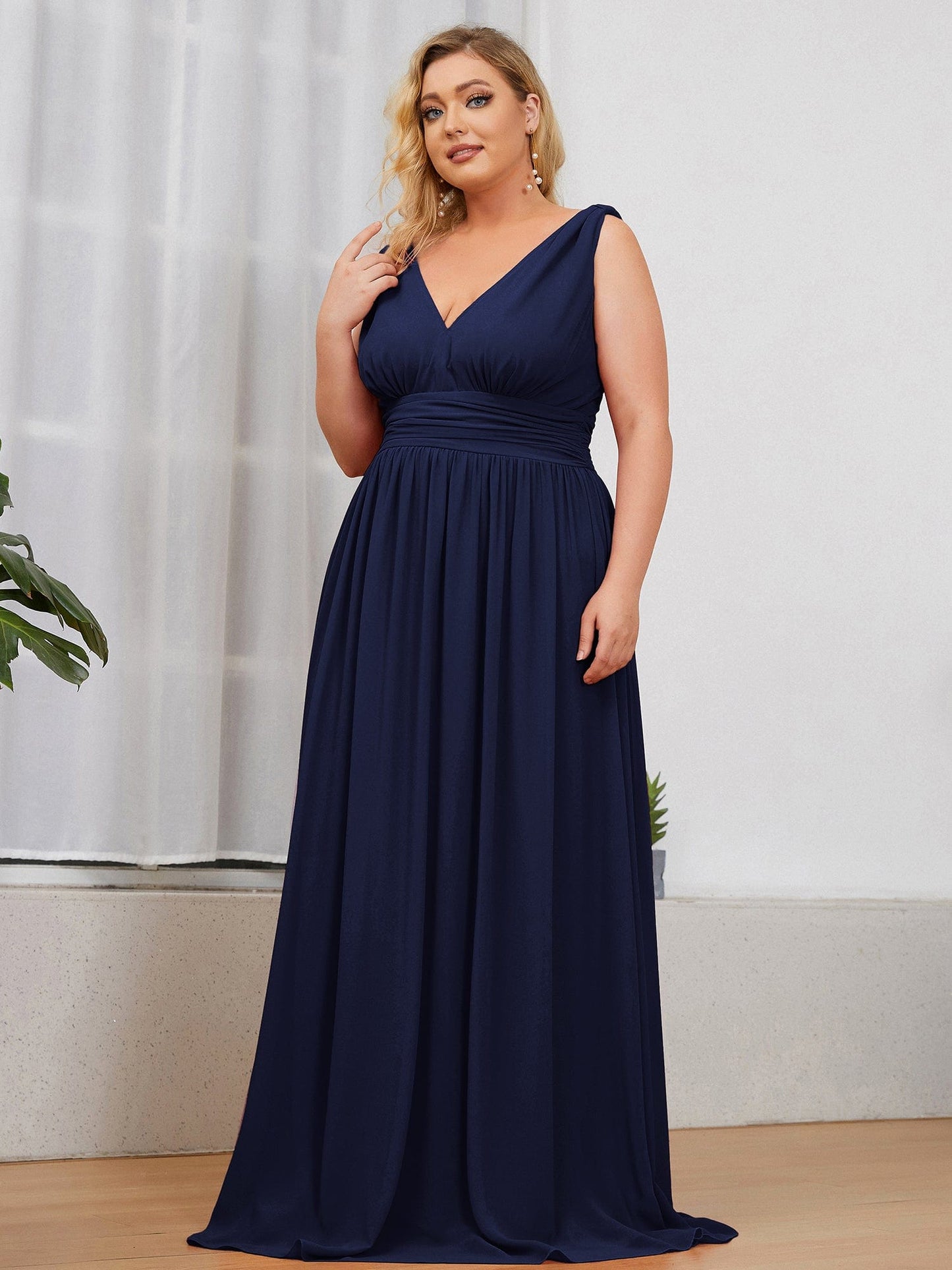 Plus Size Sleeveless V-Neck Semi-Formal Chiffon Bridesmaid Dress #color_Navy Blue