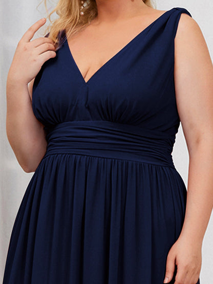 Custom Size Chiffon Sleeveless V-Neck Maxi Bridesmaid Dress #color_Navy Blue