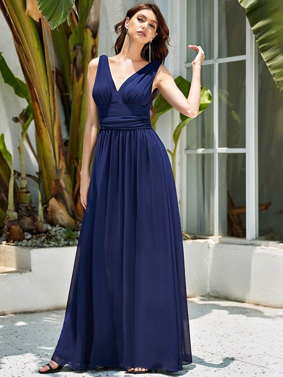 Sleeveless V-Neck Plain Maxi Chiffon Bridesmaid Dress #color_Navy Blue