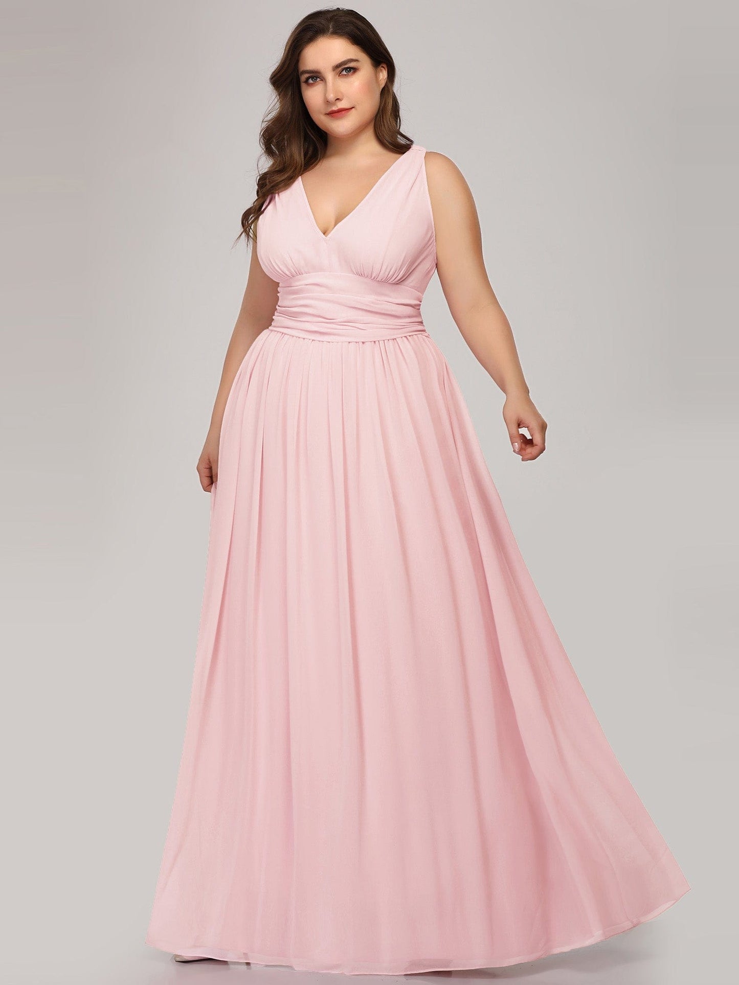 Custom Size Chiffon Sleeveless V-Neck Maxi Bridesmaid Dress #color_Pink