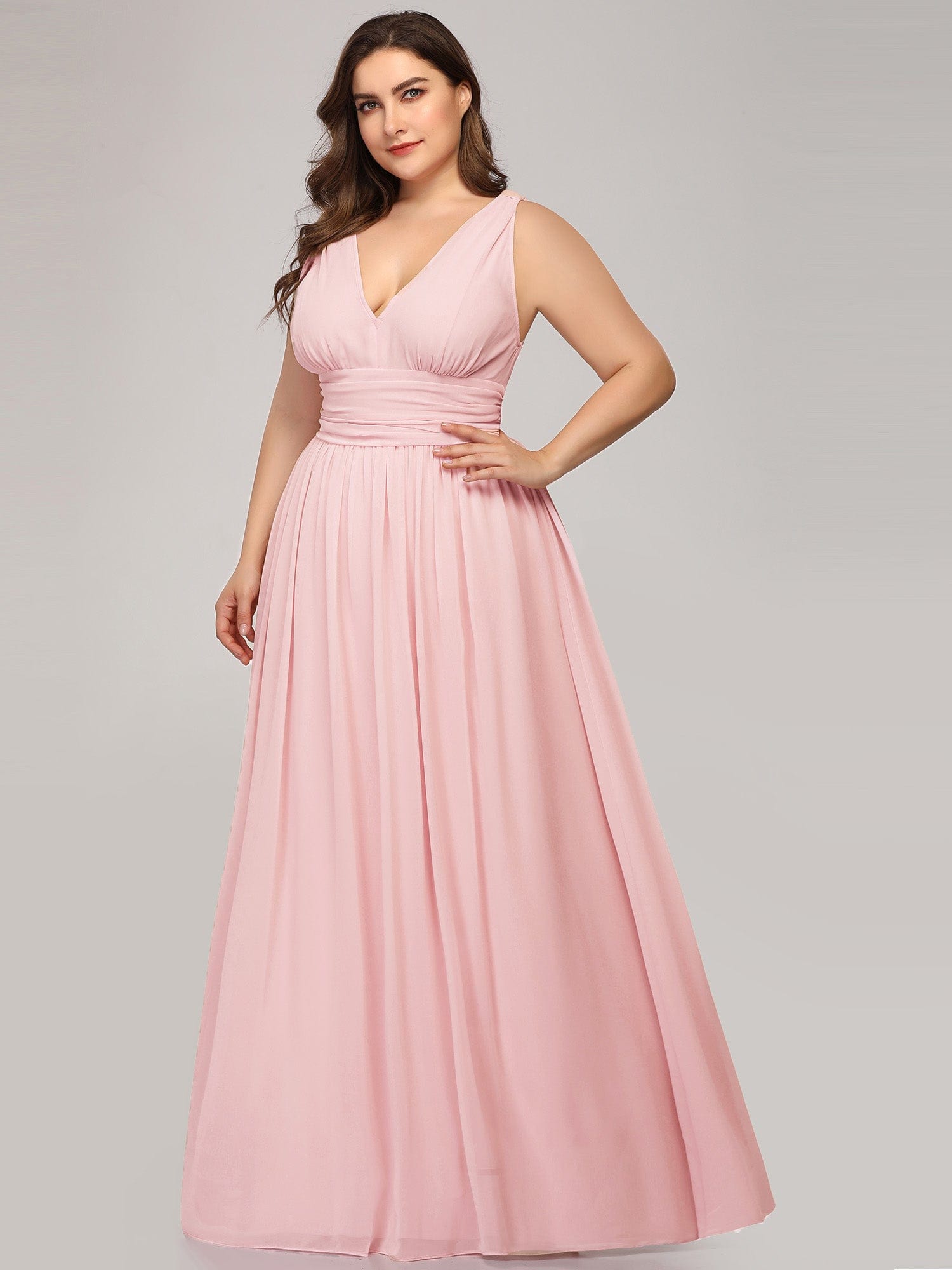 Custom Size Chiffon Sleeveless V-Neck Maxi Bridesmaid Dress #color_Pink