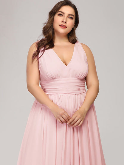 Custom Size Chiffon Sleeveless V-Neck Maxi Bridesmaid Dress #color_Pink