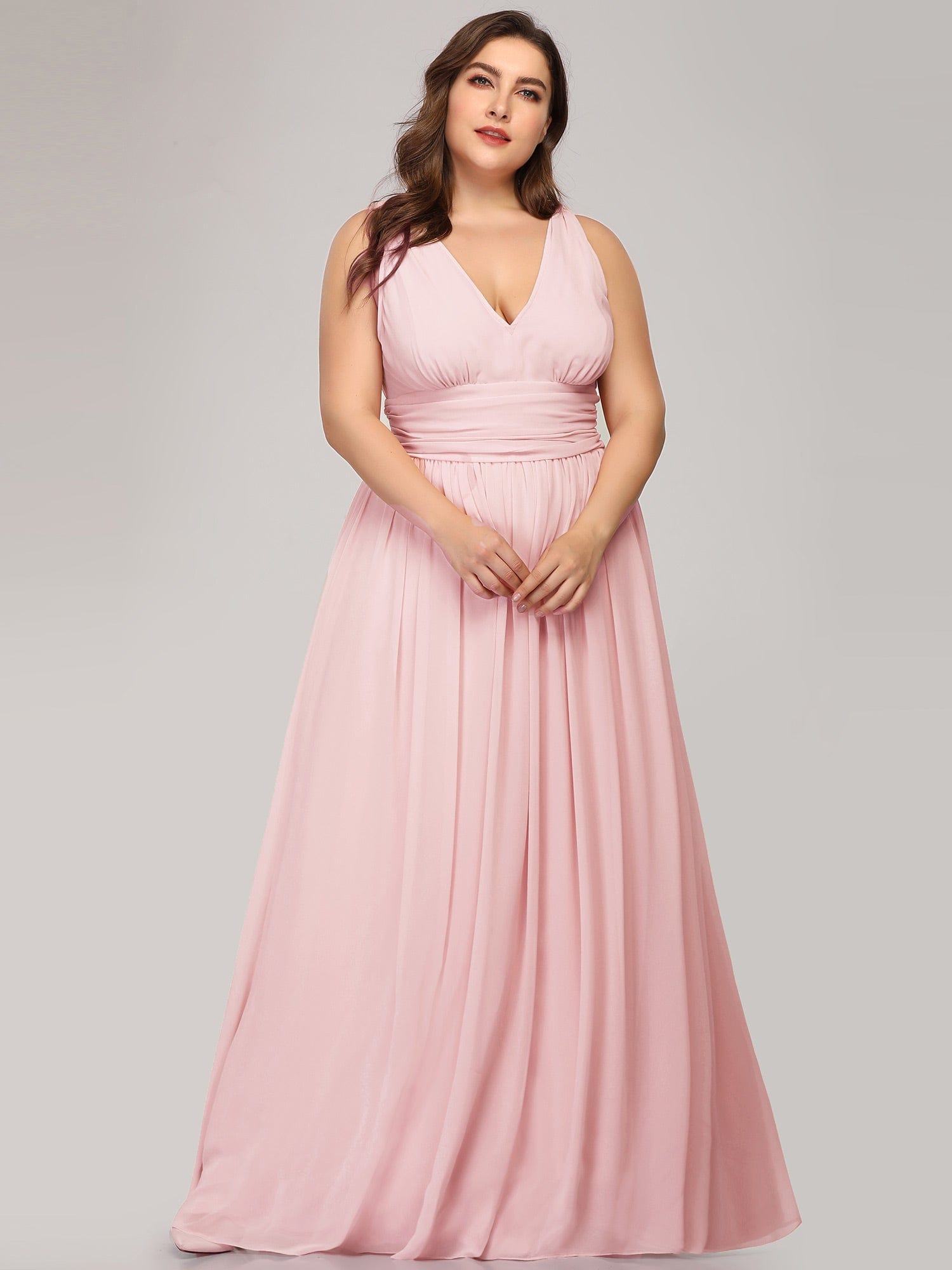 Custom Size Chiffon Sleeveless V-Neck Maxi Bridesmaid Dress #color_Pink