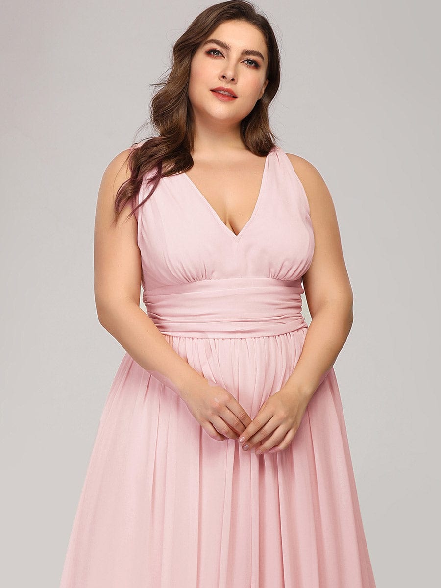 Plus Size Sleeveless V-Neck Semi-Formal Chiffon Bridesmaid Dress #color_Pink