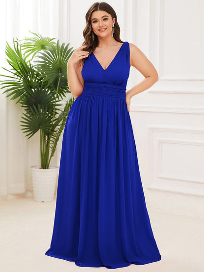 Custom Size Chiffon Sleeveless V-Neck Maxi Bridesmaid Dress #color_Sapphire Blue