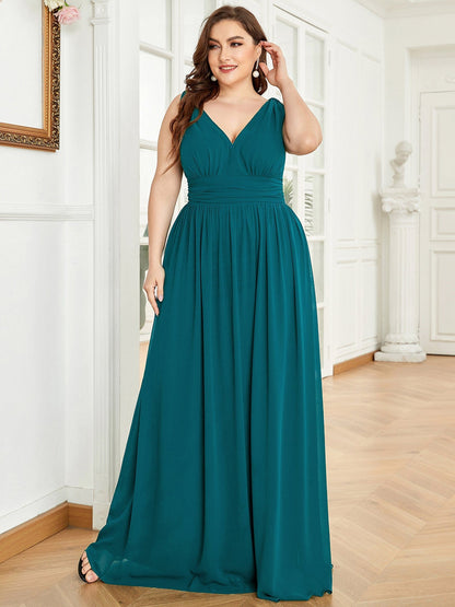 Custom Size Chiffon Sleeveless V-Neck Maxi Bridesmaid Dress #color_Teal