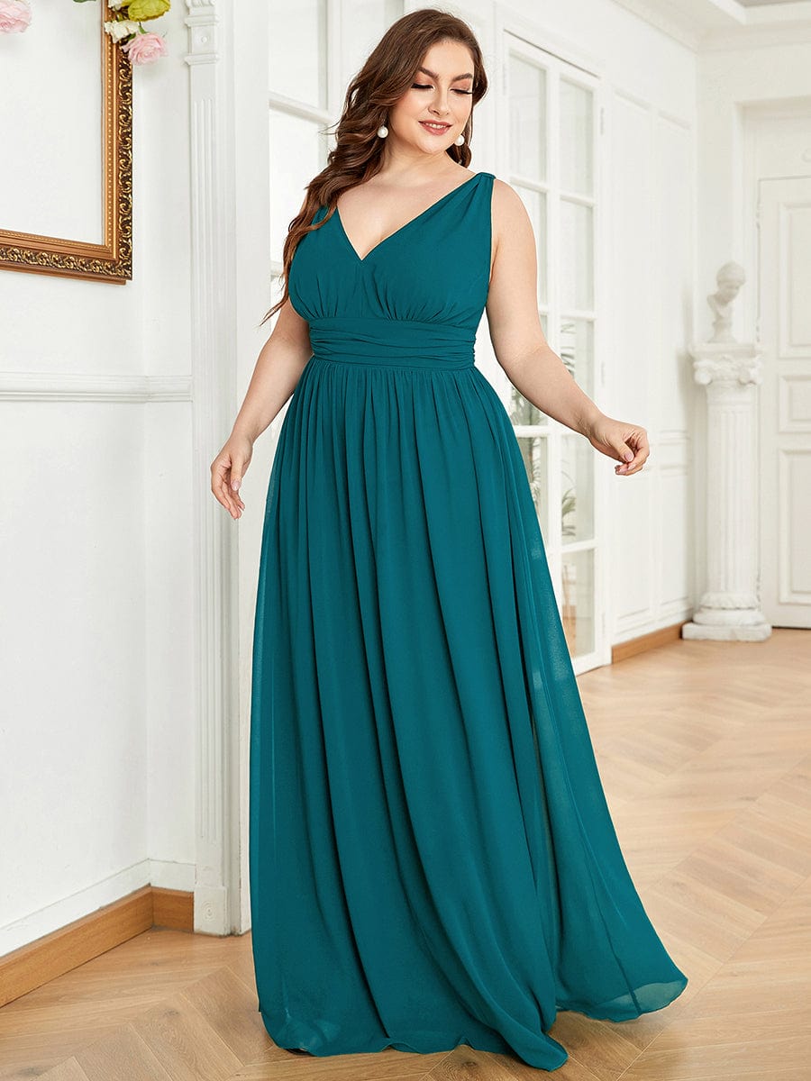 Plus Size Sleeveless V-Neck Semi-Formal Chiffon Bridesmaid Dress #color_Teal