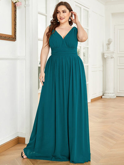 Plus Size Sleeveless V-Neck Semi-Formal Chiffon Bridesmaid Dress #color_Teal