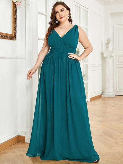 Plus Size Sleeveless V-Neck Semi-Formal Chiffon Bridesmaid Dress #color_Teal