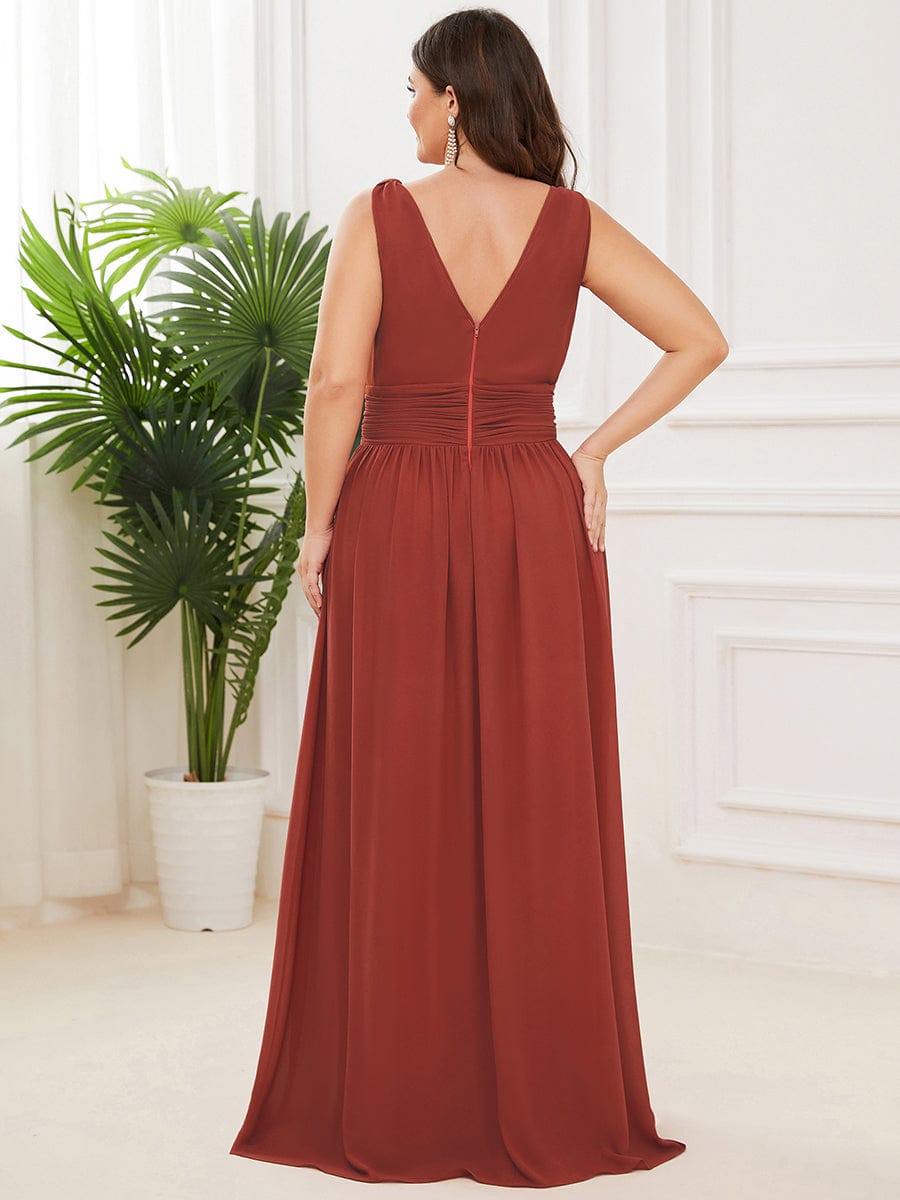 Custom Size Chiffon Sleeveless V-Neck Maxi Bridesmaid Dress #color_Vermilion