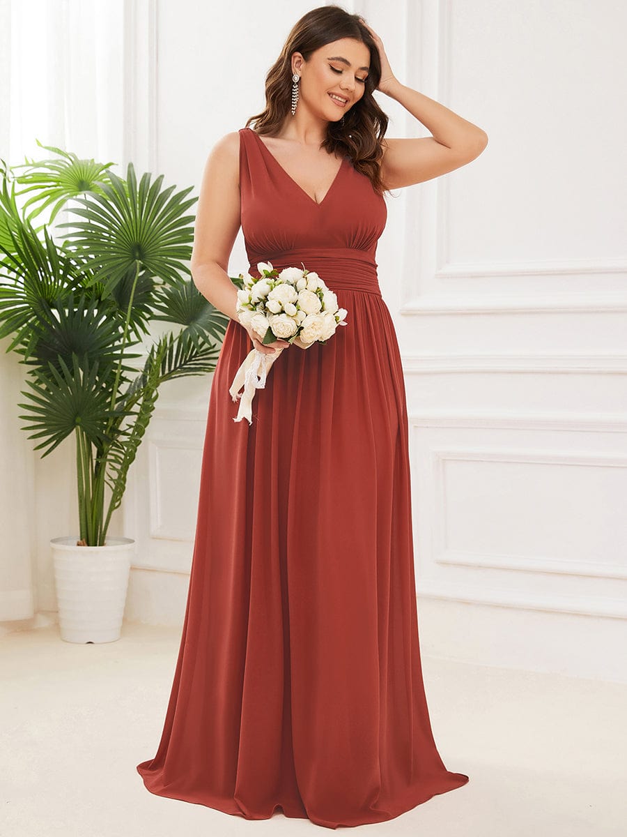 Custom Size Chiffon Sleeveless V-Neck Maxi Bridesmaid Dress #color_Vermilion