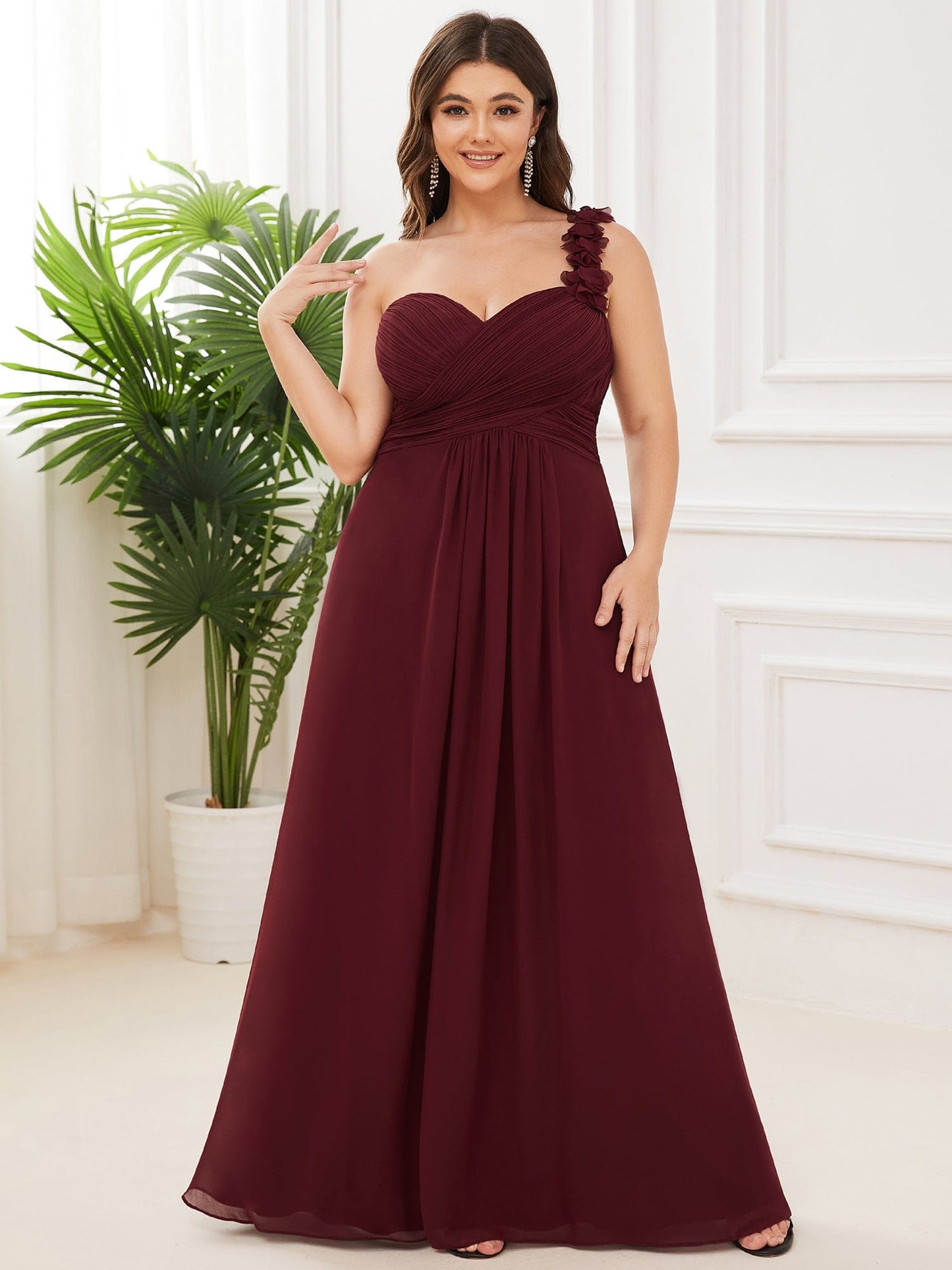 Custom Size Chiffon Sweetheart Pleated One Shoulder Bridesmaid Dress #color_Burgundy