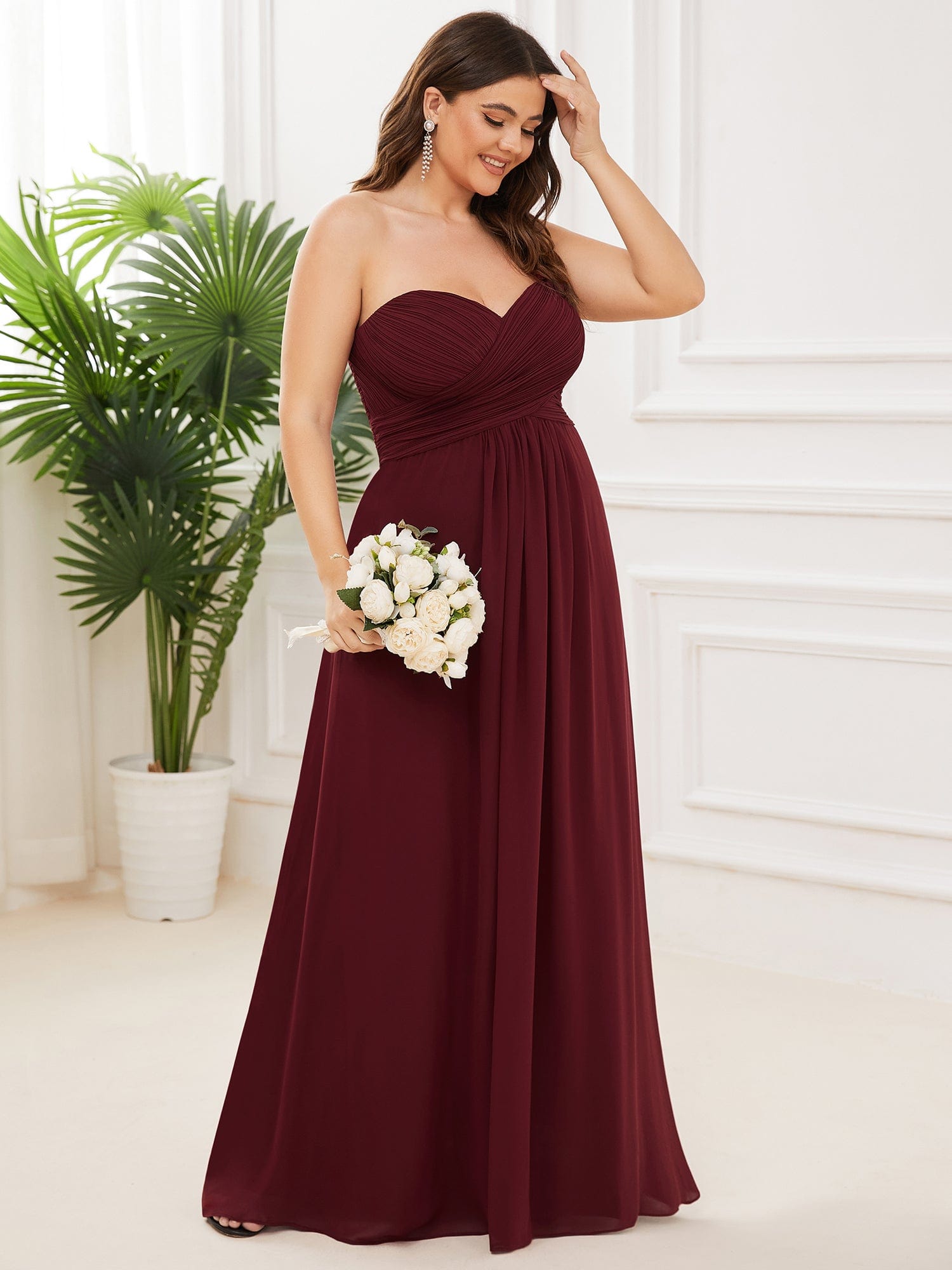 Custom Size Chiffon Sweetheart Pleated One Shoulder Bridesmaid Dress #color_Burgundy