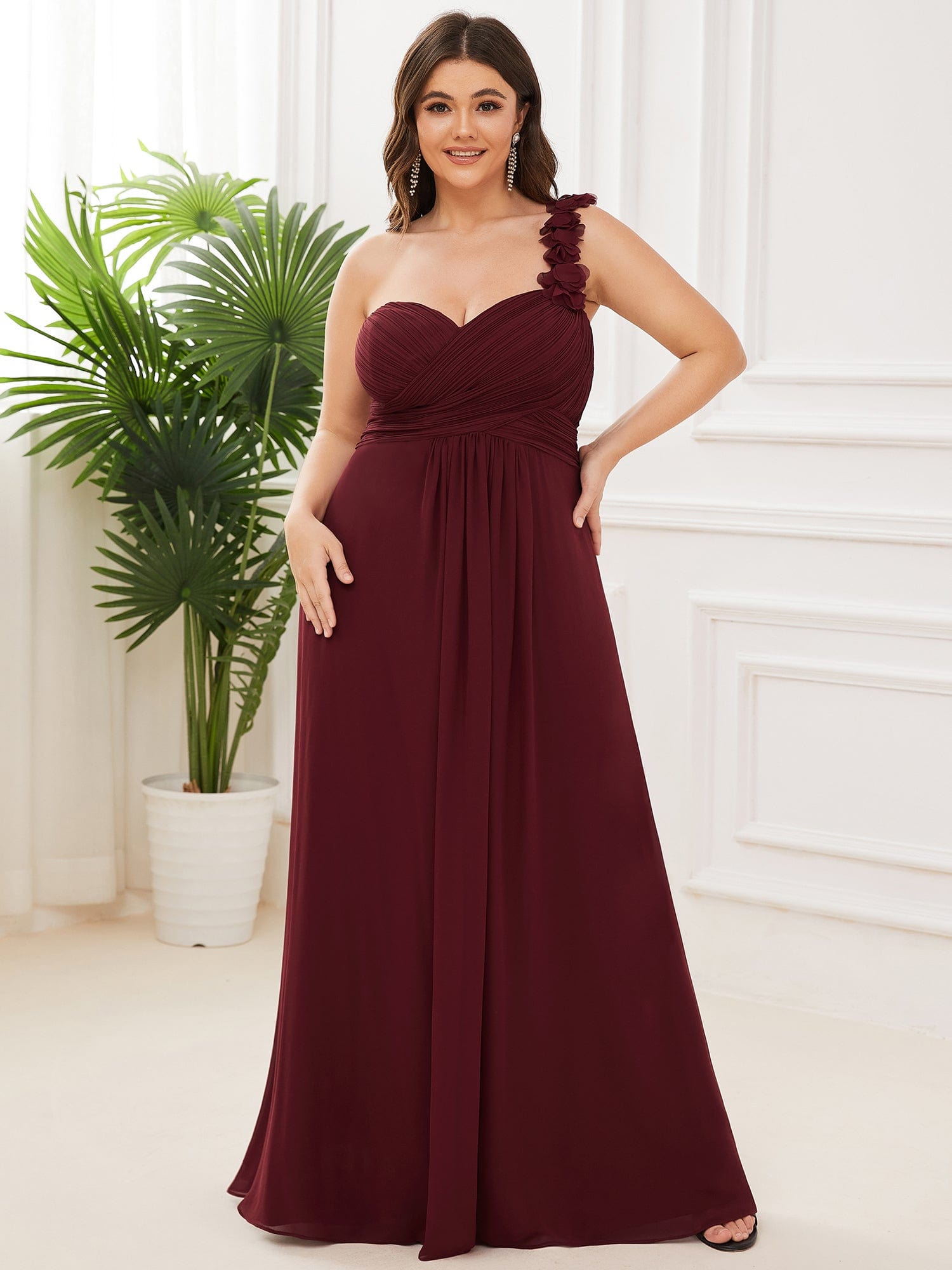 Custom Size Chiffon Sweetheart Pleated One Shoulder Bridesmaid Dress #color_Burgundy