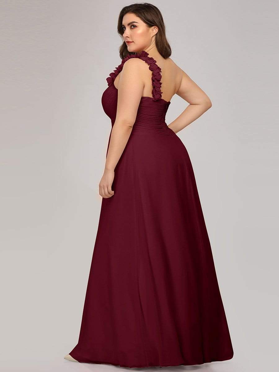 Plus Size One Shoulder Long Chiffon Bridesmaid Dress #color_Burgundy