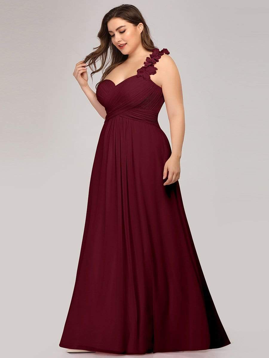 Plus Size One Shoulder Long Chiffon Bridesmaid Dress #color_Burgundy