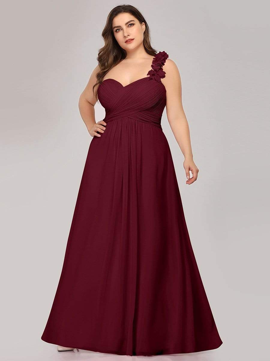 Plus Size One Shoulder Long Chiffon Bridesmaid Dress #color_Burgundy