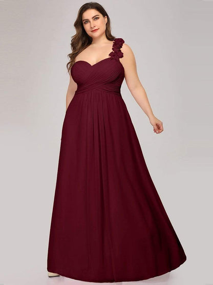 Plus Size One Shoulder Long Chiffon Bridesmaid Dress #color_Burgundy