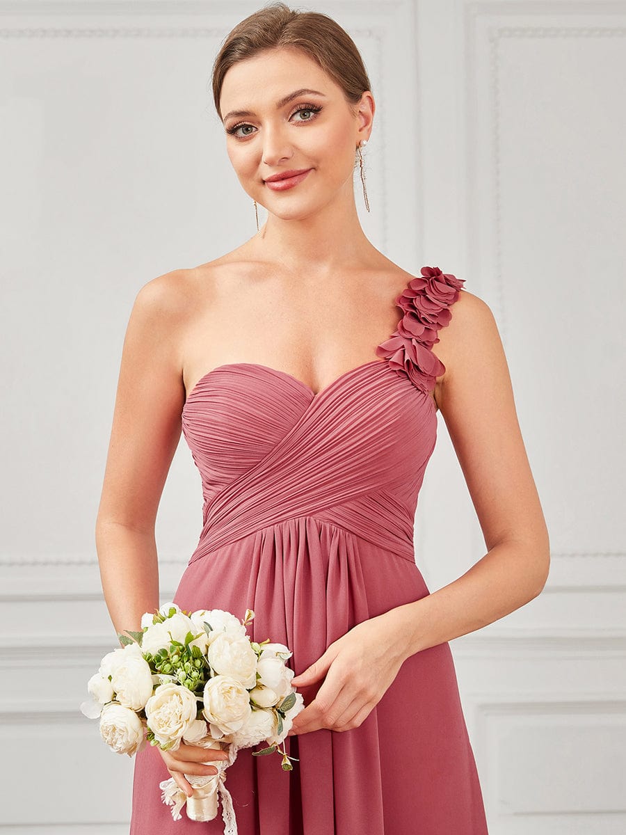 Sweet Pleated Bodice One Shoulder Chiffon Bridesmaid Dress #color_Cameo Brown