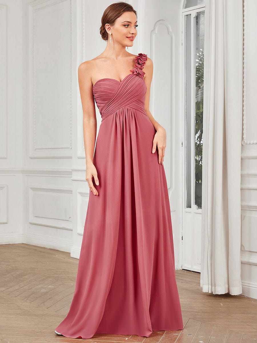 Sweet Pleated Bodice One Shoulder Chiffon Bridesmaid Dress #color_Cameo Brown