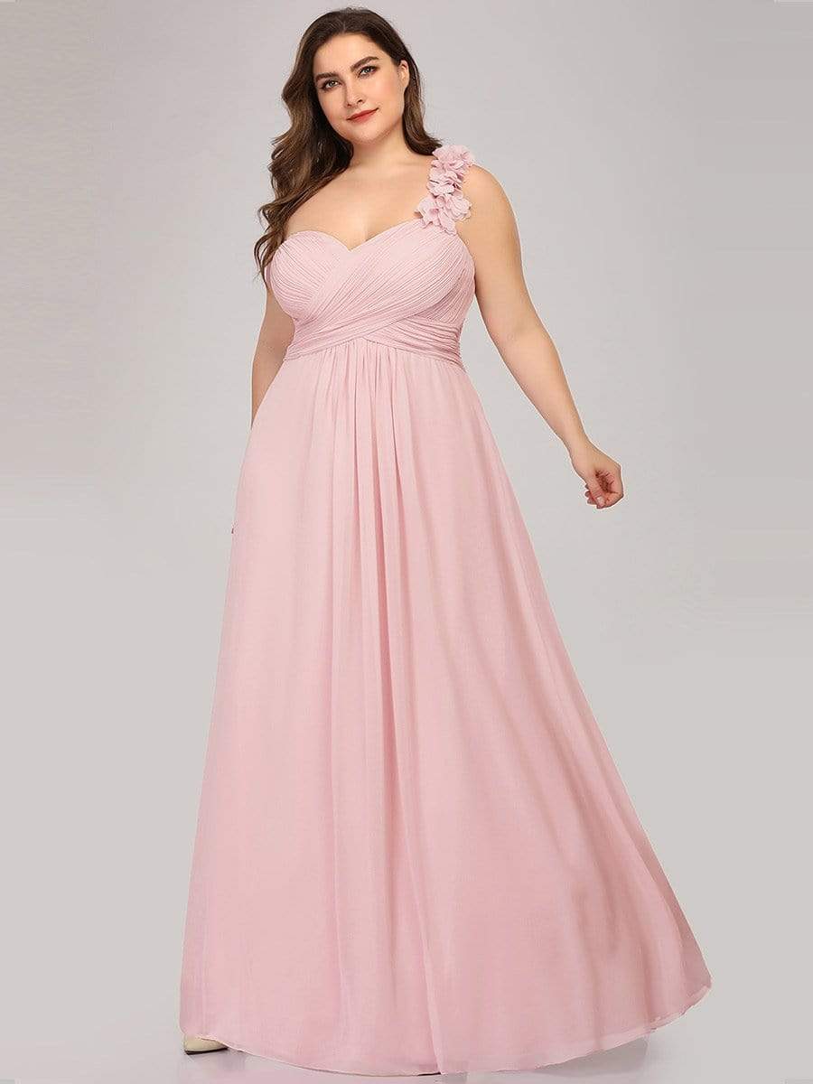 Plus Size One Shoulder Long Chiffon Bridesmaid Dress #color_Pink