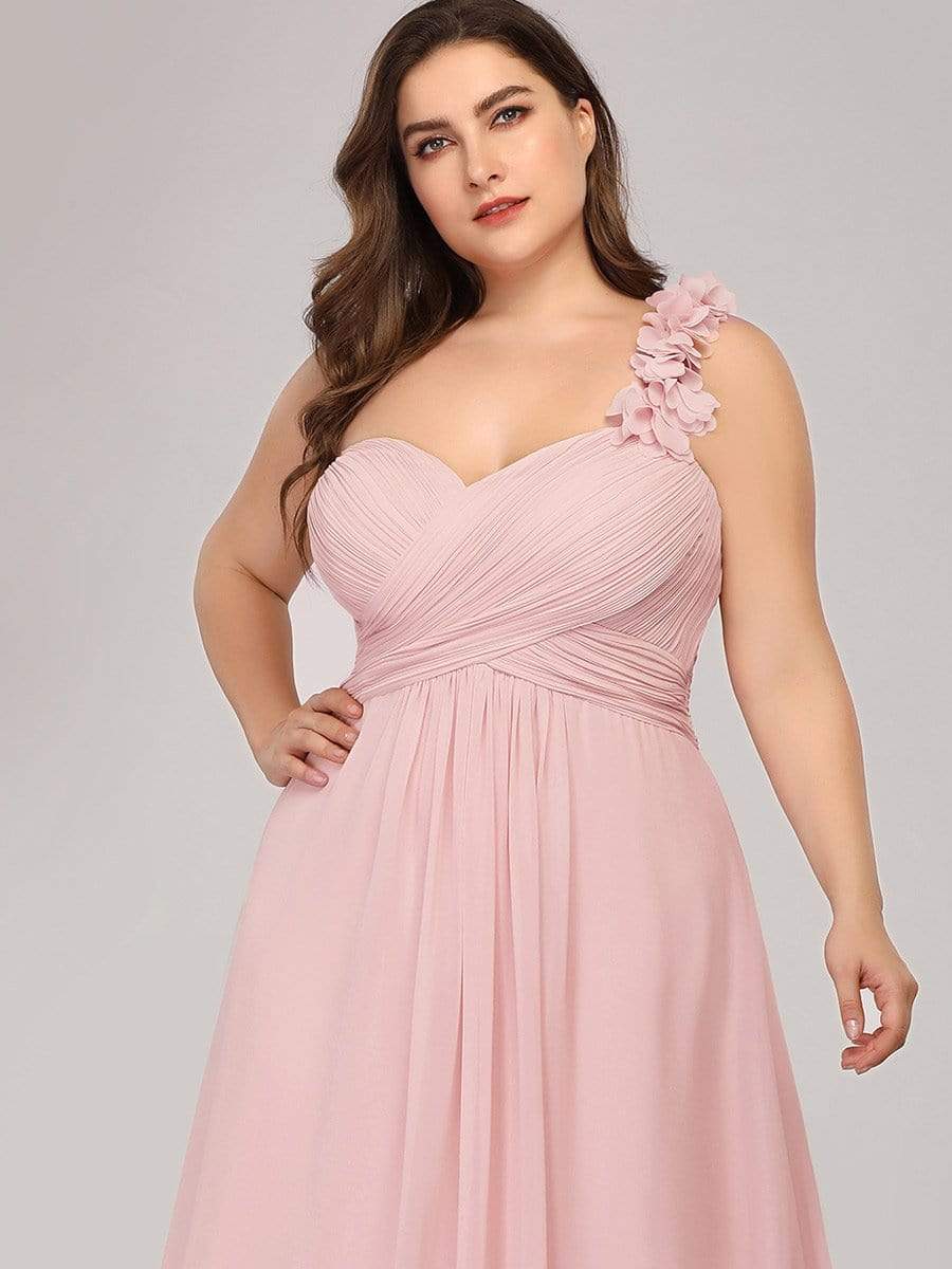 Plus Size One Shoulder Long Chiffon Bridesmaid Dress #color_Pink