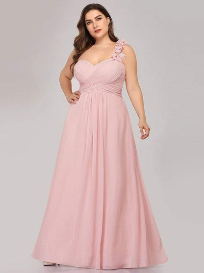 Sweet Pleated Bodice One Shoulder Chiffon Bridesmaid Dress #color_Pink