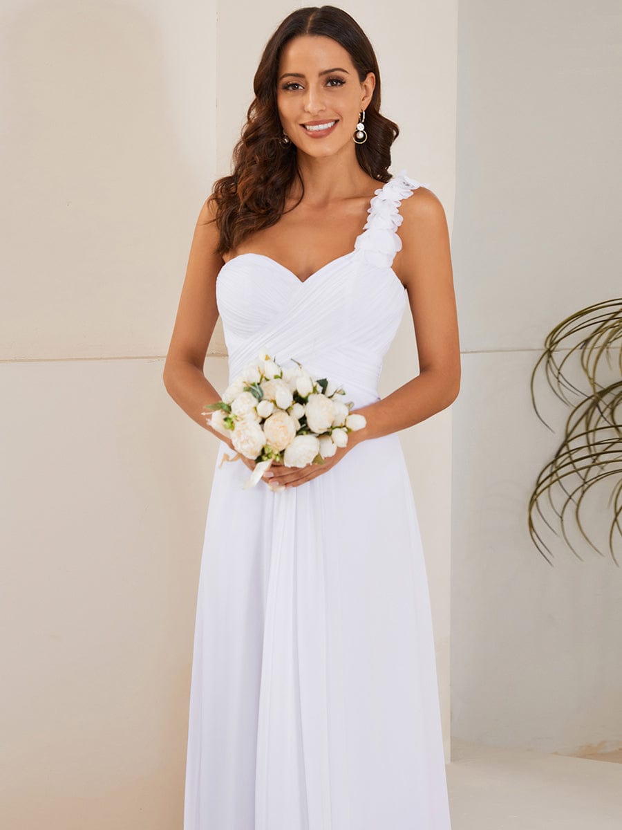 Sweet Pleated Bodice One Shoulder Chiffon Bridesmaid Dress #color_White