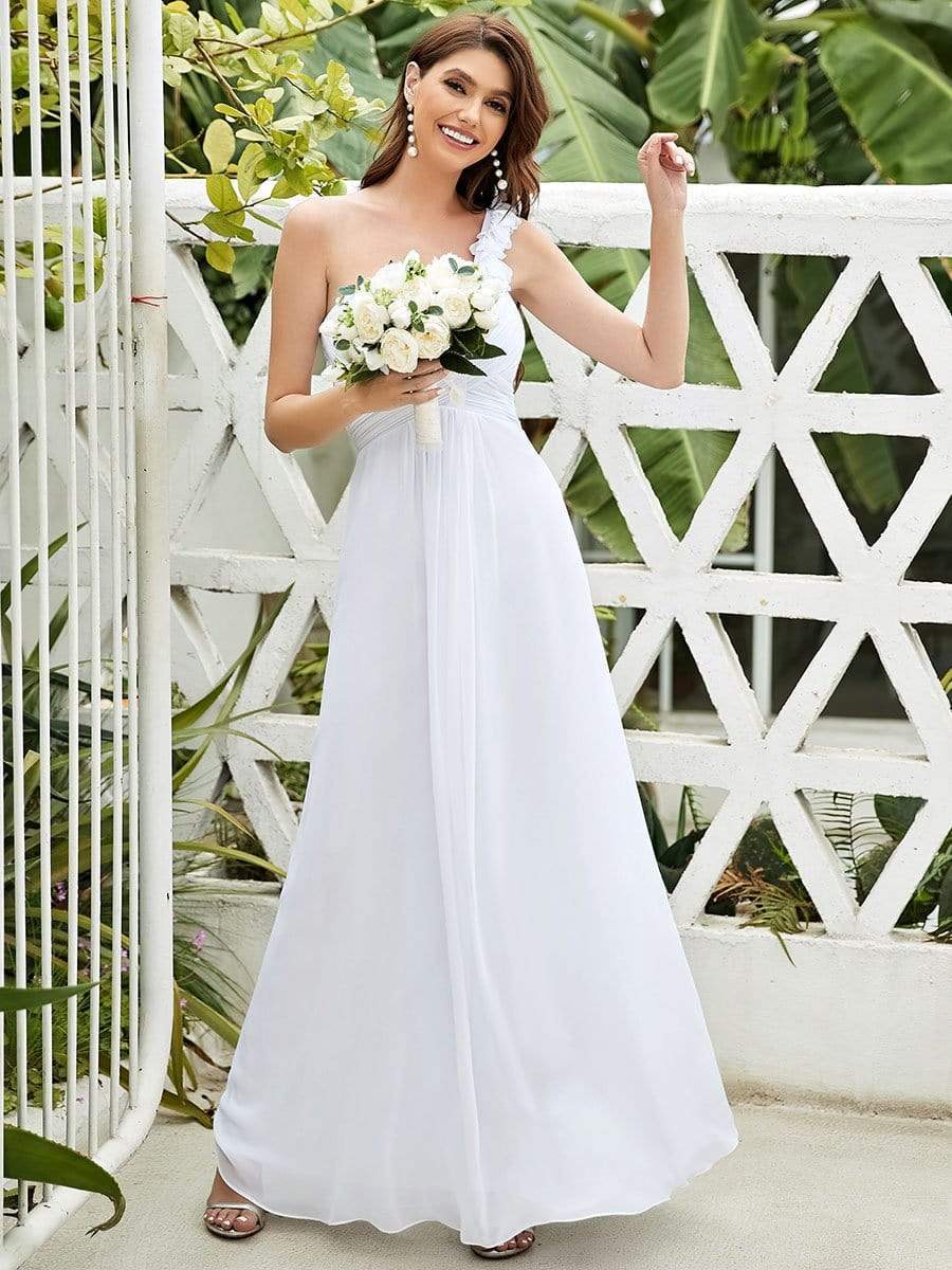 Chiffon One Shoulder Maxi Long Bridesmaid Dresses for Women #color_White