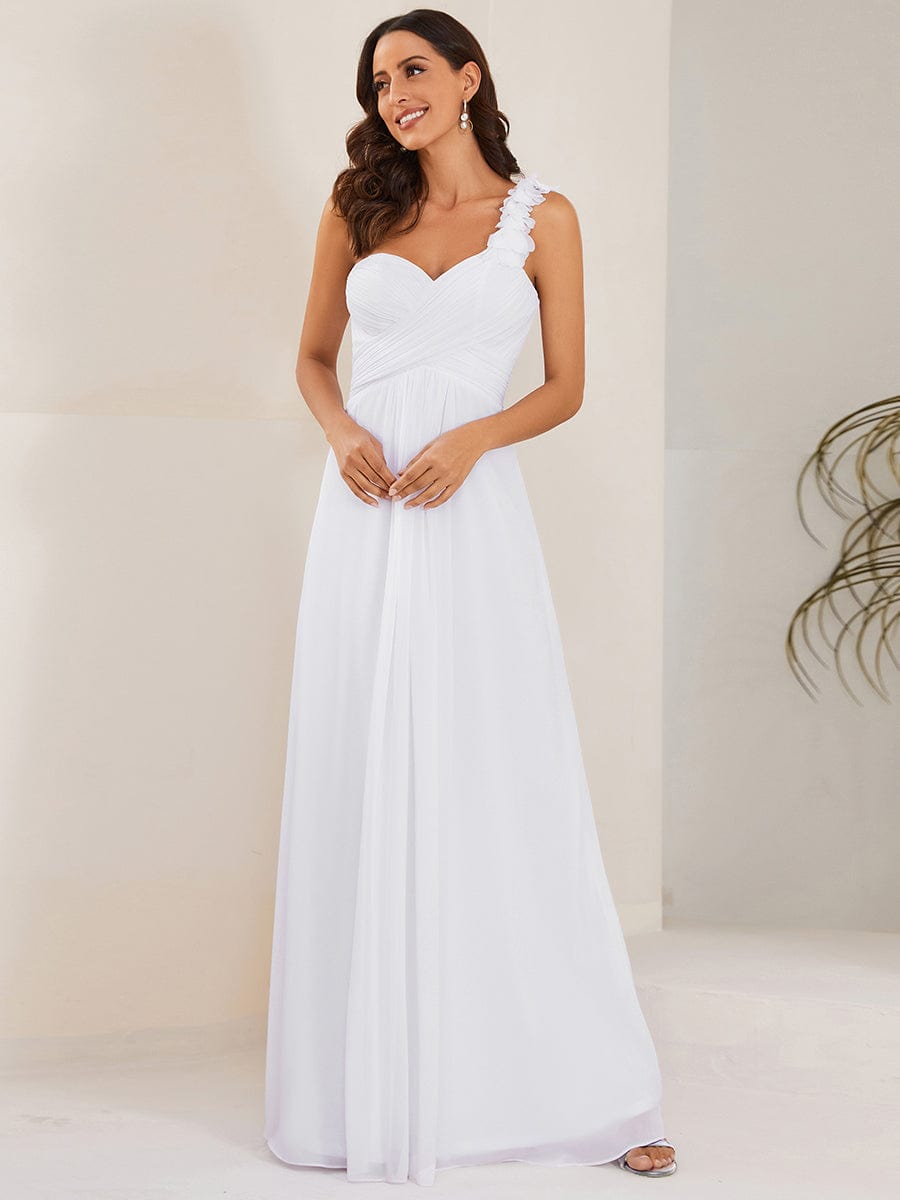 Sweet Pleated Bodice One Shoulder Chiffon Bridesmaid Dress #color_White