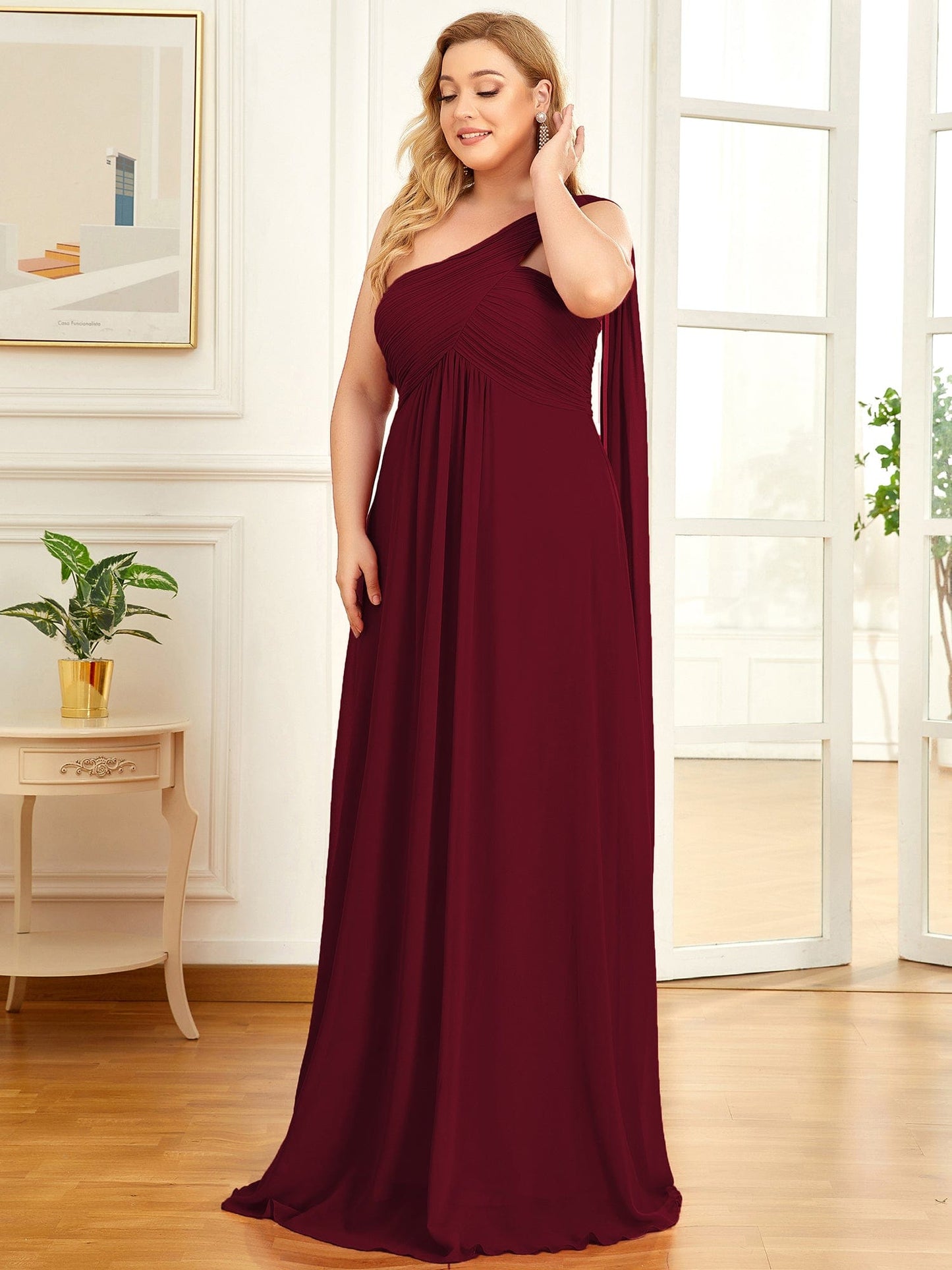 Custom Size Pleated One Shoulder Long Chiffon Evening Dress #color_Burgundy