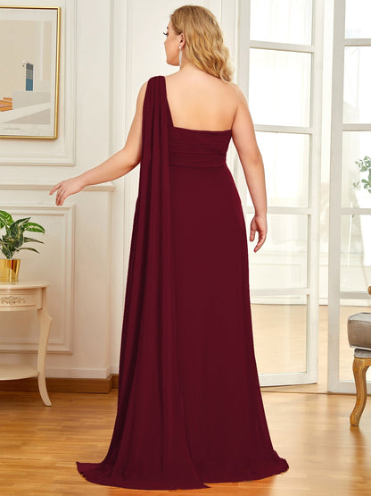 Custom Size Pleated One Shoulder Long Chiffon Evening Dress #color_Burgundy