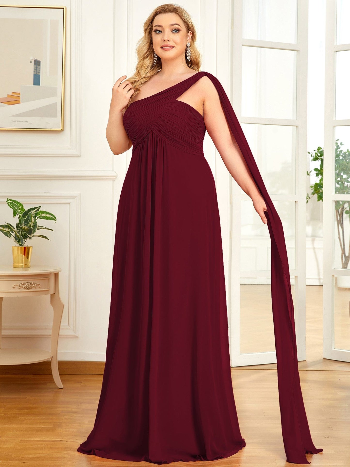 Custom Size Pleated One Shoulder Long Chiffon Evening Dress #color_Burgundy