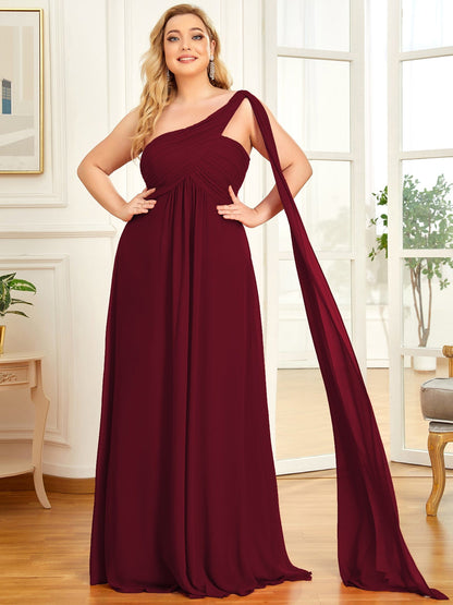 Custom Size Pleated One Shoulder Long Chiffon Evening Dress #color_Burgundy