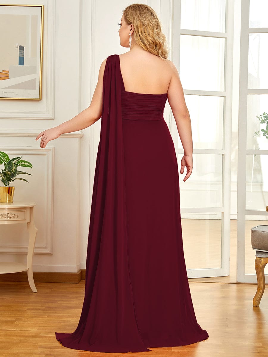 Pleated One Shoulder Long Chiffon Evening Dress #color_Burgundy