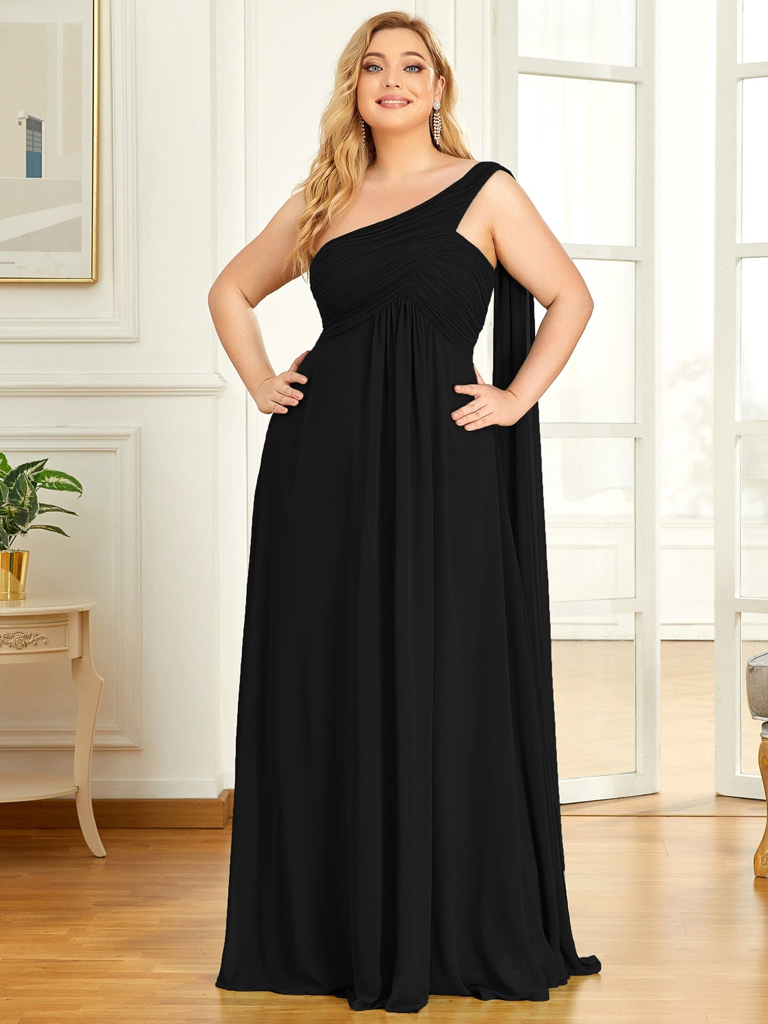 Custom Size Pleated One Shoulder Long Chiffon Evening Dress #color_Black