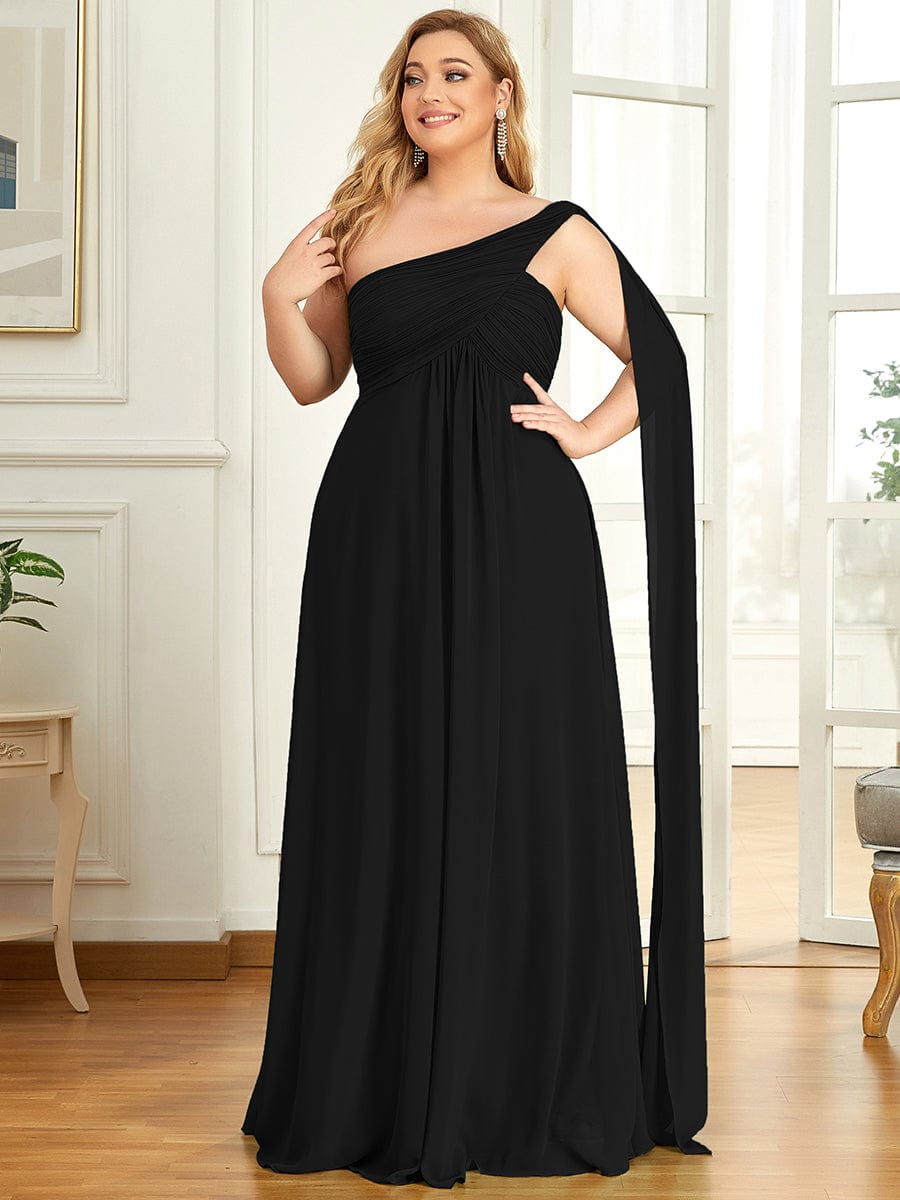 Pleated One Shoulder Long Chiffon Evening Dress #color_Black