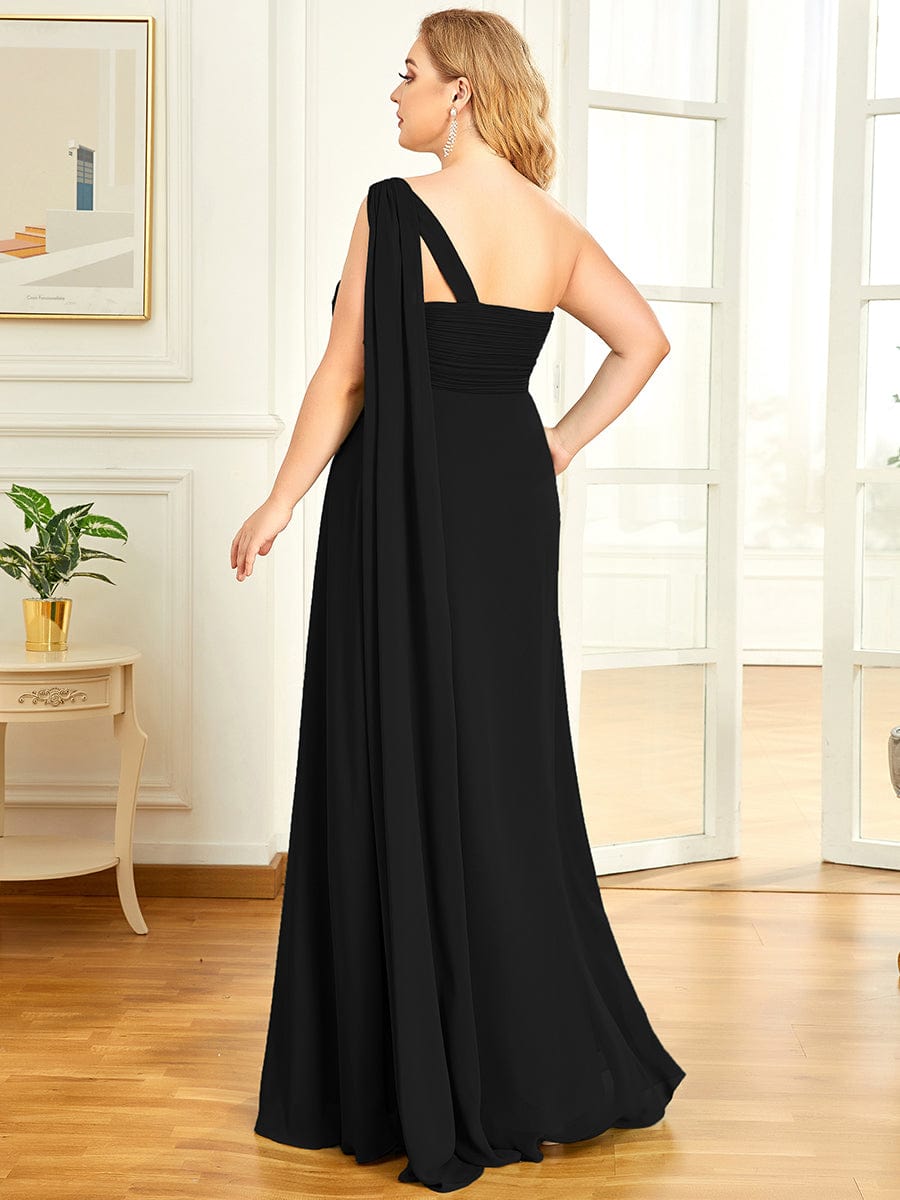 Pleated One Shoulder Long Chiffon Evening Dress #color_Black