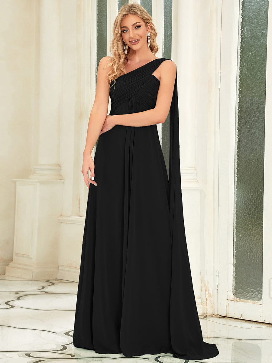 Pleated One Shoulder Long Chiffon Evening Dress #color_Black