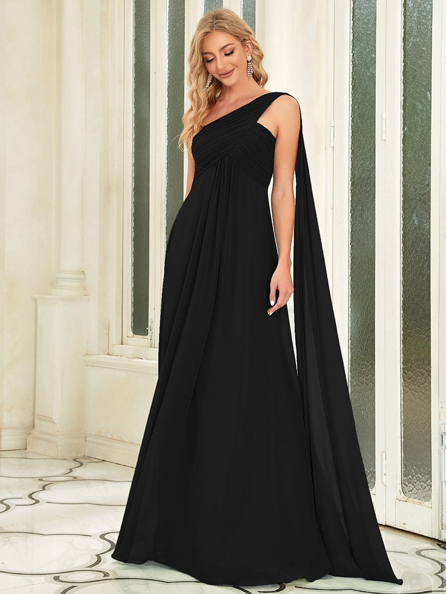 Pleated One Shoulder Long Chiffon Evening Dress #color_Black