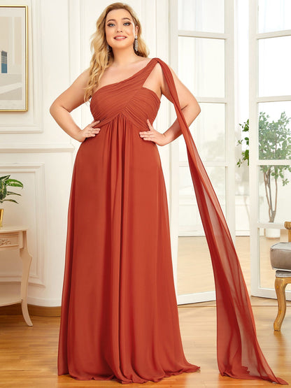 Custom Size Pleated One Shoulder Long Chiffon Evening Dress #color_Burnt Orange