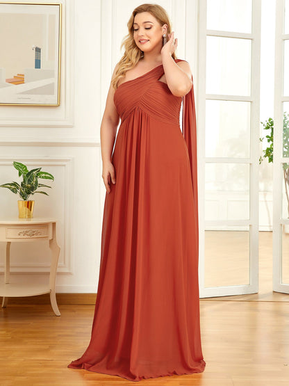 Custom Size Pleated One Shoulder Long Chiffon Evening Dress #color_Burnt Orange