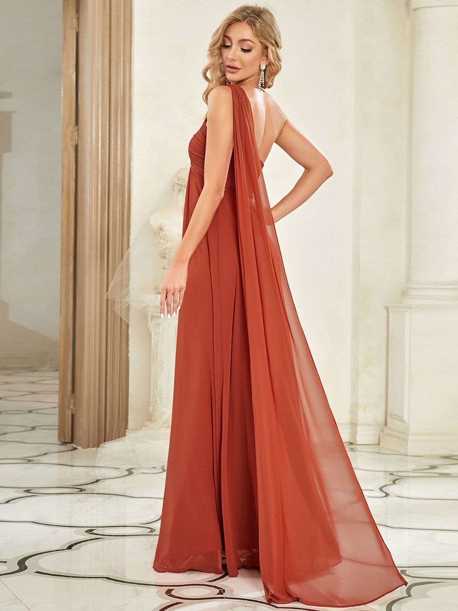 Pleated Chiffon One Shoulder Long Evening Dress #color_Burnt Orange 